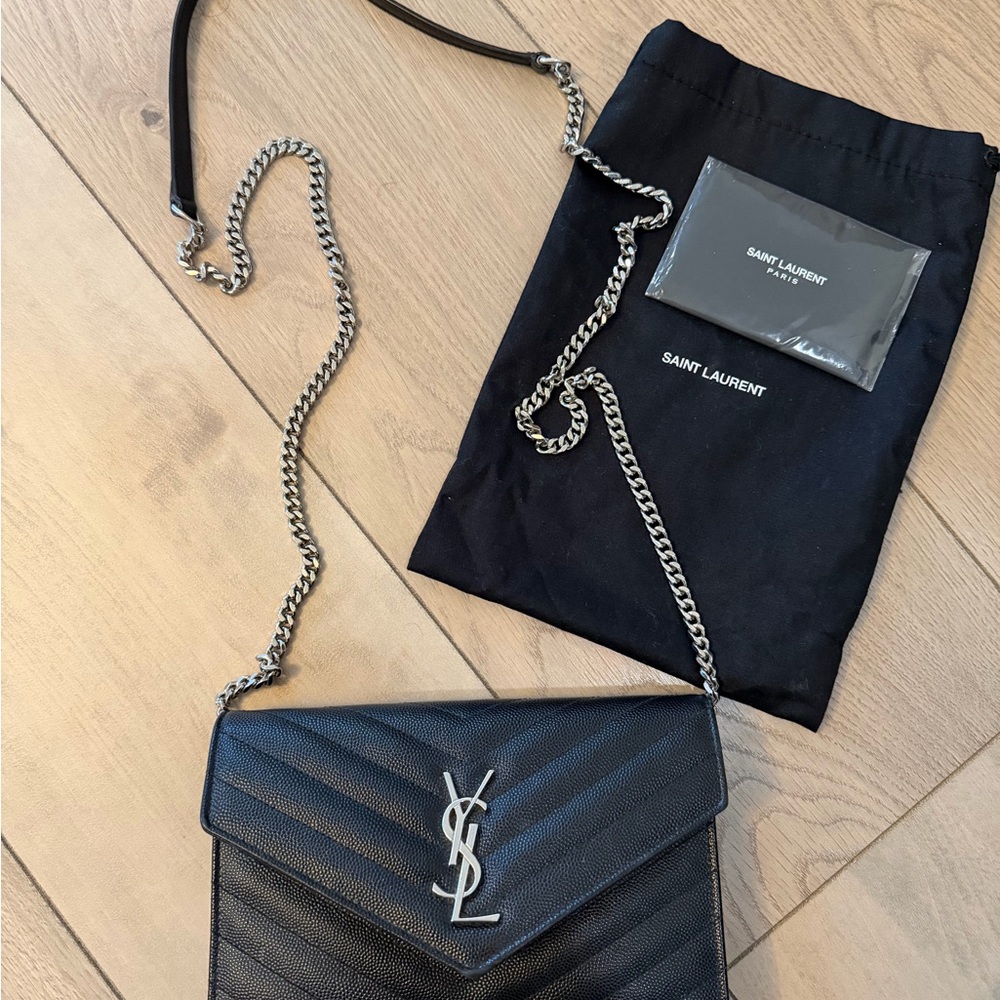Saint Laurent YSL Monogram Envelope Chain Wallet Black Grain de Poudre Leather